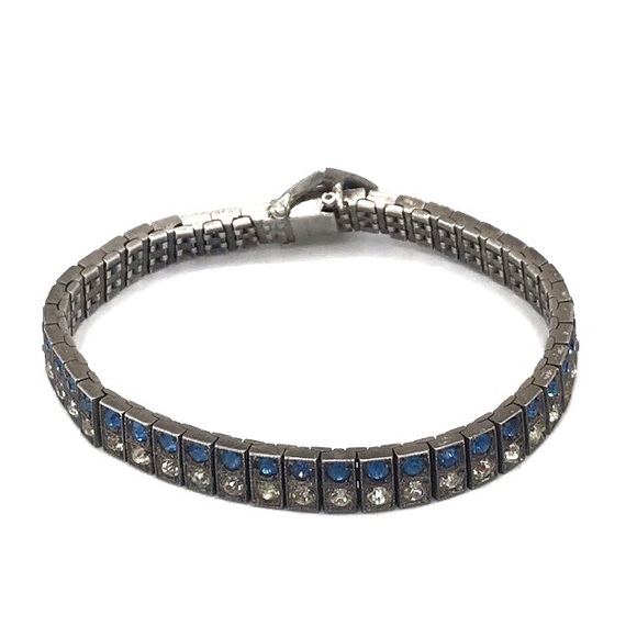 Art Deco Antique Sterling Silver Diamonbar Blue 2 Row Rhinestone Buckle Bracelet - Picture 7 of 9